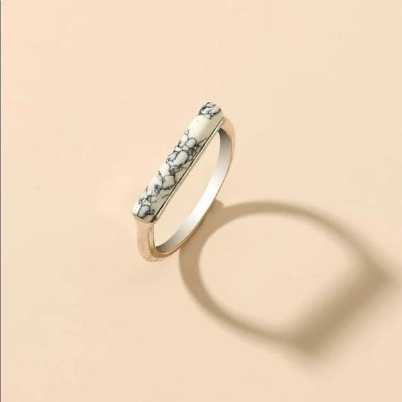 White Marble Bar Silver Stackable Ring - Picture 2 of 11